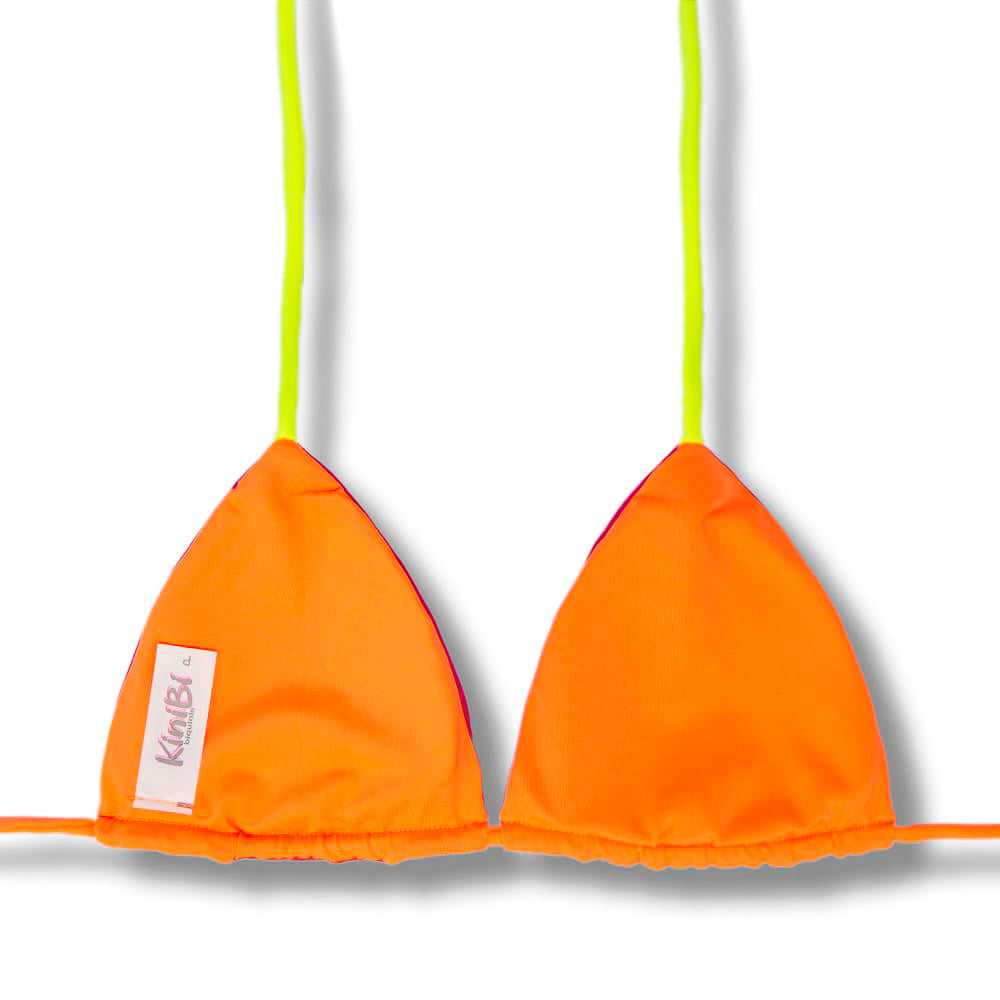 Top Lua Pink Twist | Cortininha com Bojo | Dupla Face Amarelo Neon | Reversível | Amarração nas Costas e Pescoço | Biquíni Tricolor Liso | Detalhe Laranja