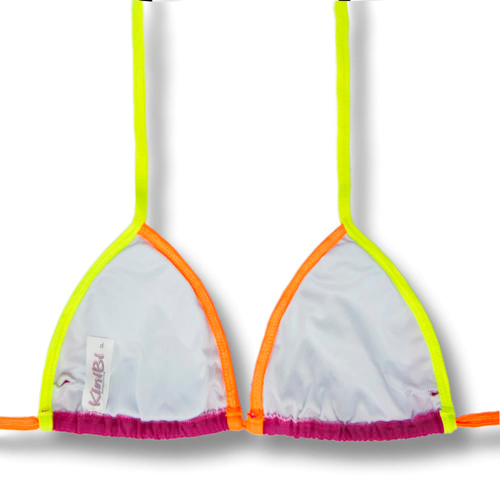 Top Mara Pink Twist | Cortininha com Viés | Amarração nas Costas e Pescoço | Biquíni  Liso Tricolor | Detalhes em Laranja e Amarelo Neon