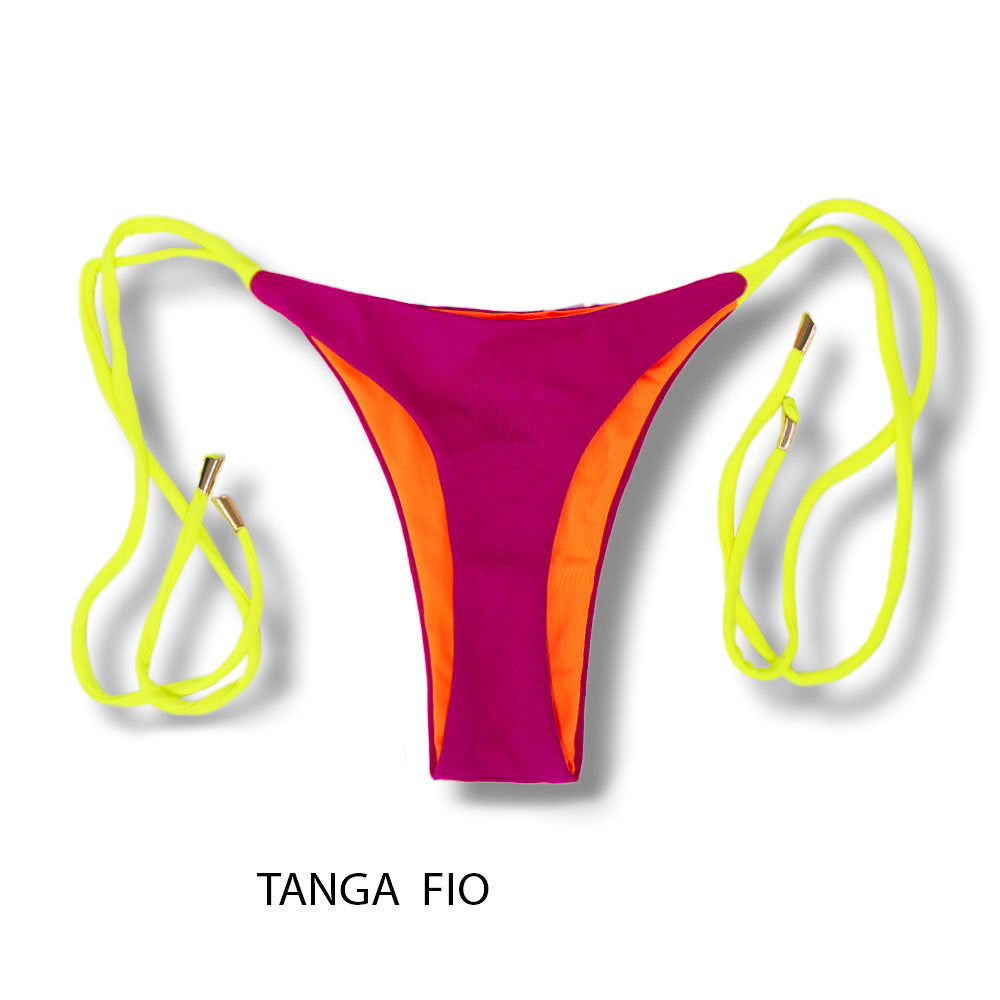 Tanga Cora Pink Twist | Biquíni Tricolor | Fio Dental com Laço para Amarrar na Cor Amarelo Neon | Dupla Face Pink e Laranja Neon  | Reversível