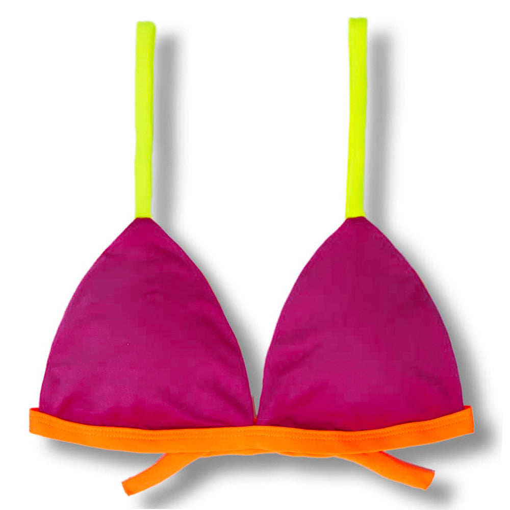 Top Jade Pink Twist | Cortininha Triângulo Fixo | Estilo Sutiã com Amarração nas Costas | Alças com Regulagem | Biquíni Tricolor Liso | Detalhes Laranja e Amarelo Neon