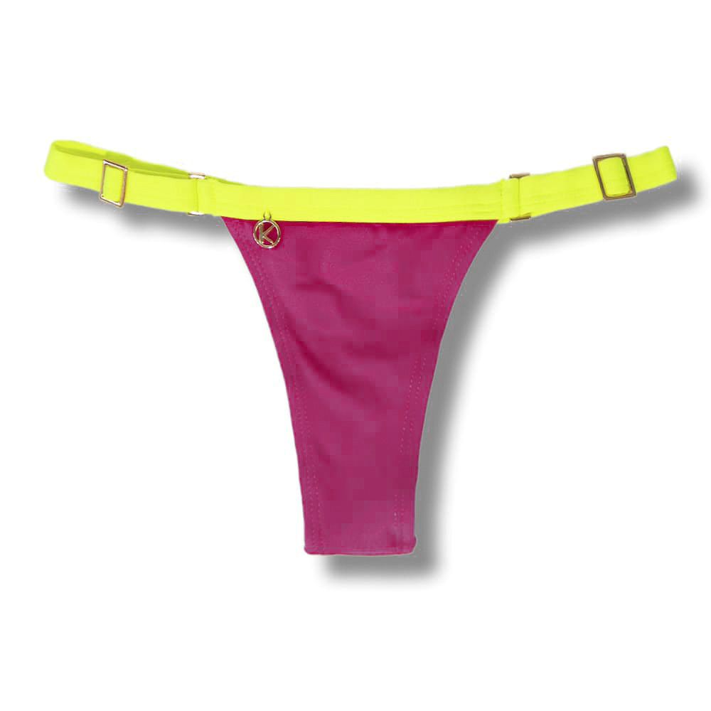 Tanga Fany Pink Twist | Biquíni Liso Semi Fio | Marquinha de Fita | Regulável | Cor Pink | Detalhe Amarelo Neon