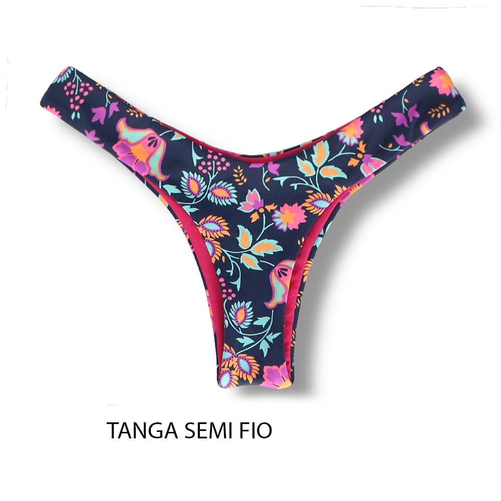 Tanga Eva Bosque | Biquíni Estampado Semi Fio Asa Delta | Aviador | Dupla Face Pink | Reversível