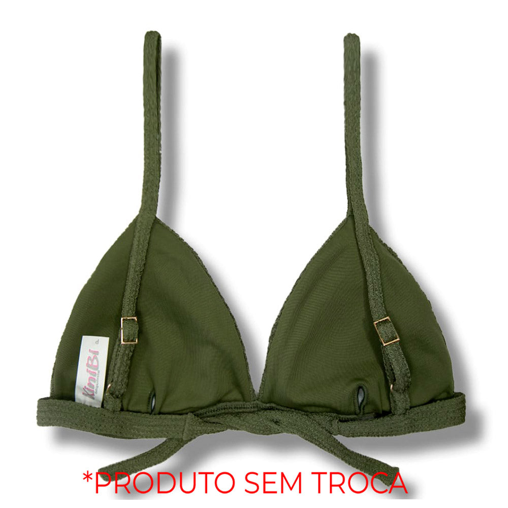 Top Jade Bamboo | Cortininha Triângulo Fixo | Estilo Sutiã com Amarração nas Costas | Alças com Regulagem | Biquíni Cor Lisa Verde Oliva | Tecido Texturizado Plissê
