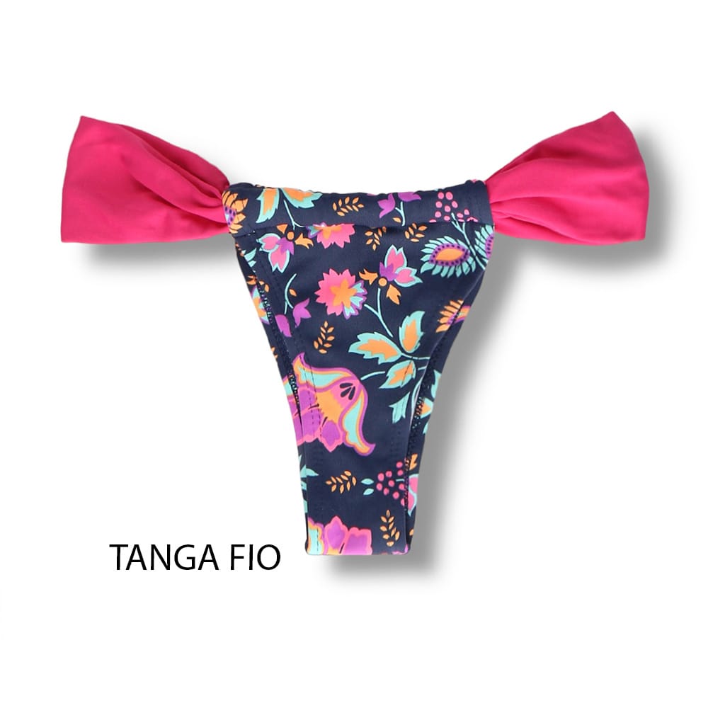 Tanga Gali Bosque | Biquíni Estampado | Fio Dental | Cortininha Regulável | Detalhe Pink