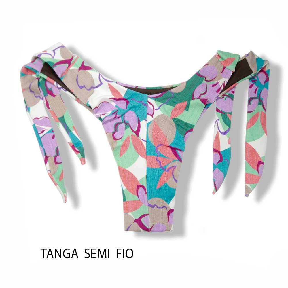 Tanga Mora Lilac | Biquíni Estampado Fio Duplo | Empina Bumbum | Amarração Lateral Larga | Detalhe Interno marrom