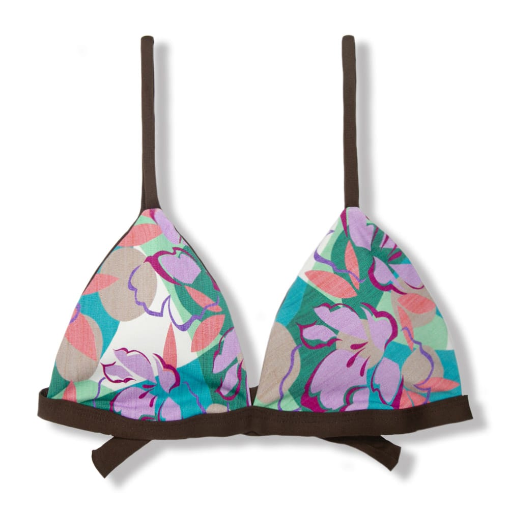 Top Jade Lilac | Cortininha Triângulo Fixo | Estilo Sutiã com Amarração nas Costas | Alças com Regulagem | Biquíni Estampado | Detalhes Marrom