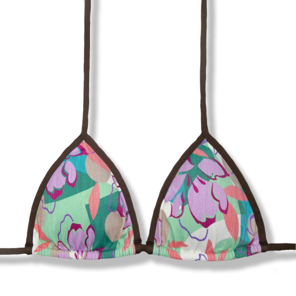 Top Mara Lilac | Cortininha com Viés | Amarração nas Costas e Pescoço | Biquíni Estampado | Detalhes Marrom