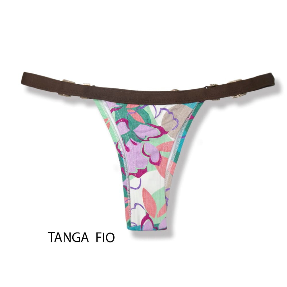 Tanga Fany Lilac | Biquíni Estampado Semi Fio Marquinha de Fita | Regulável | Detalhe Marrom