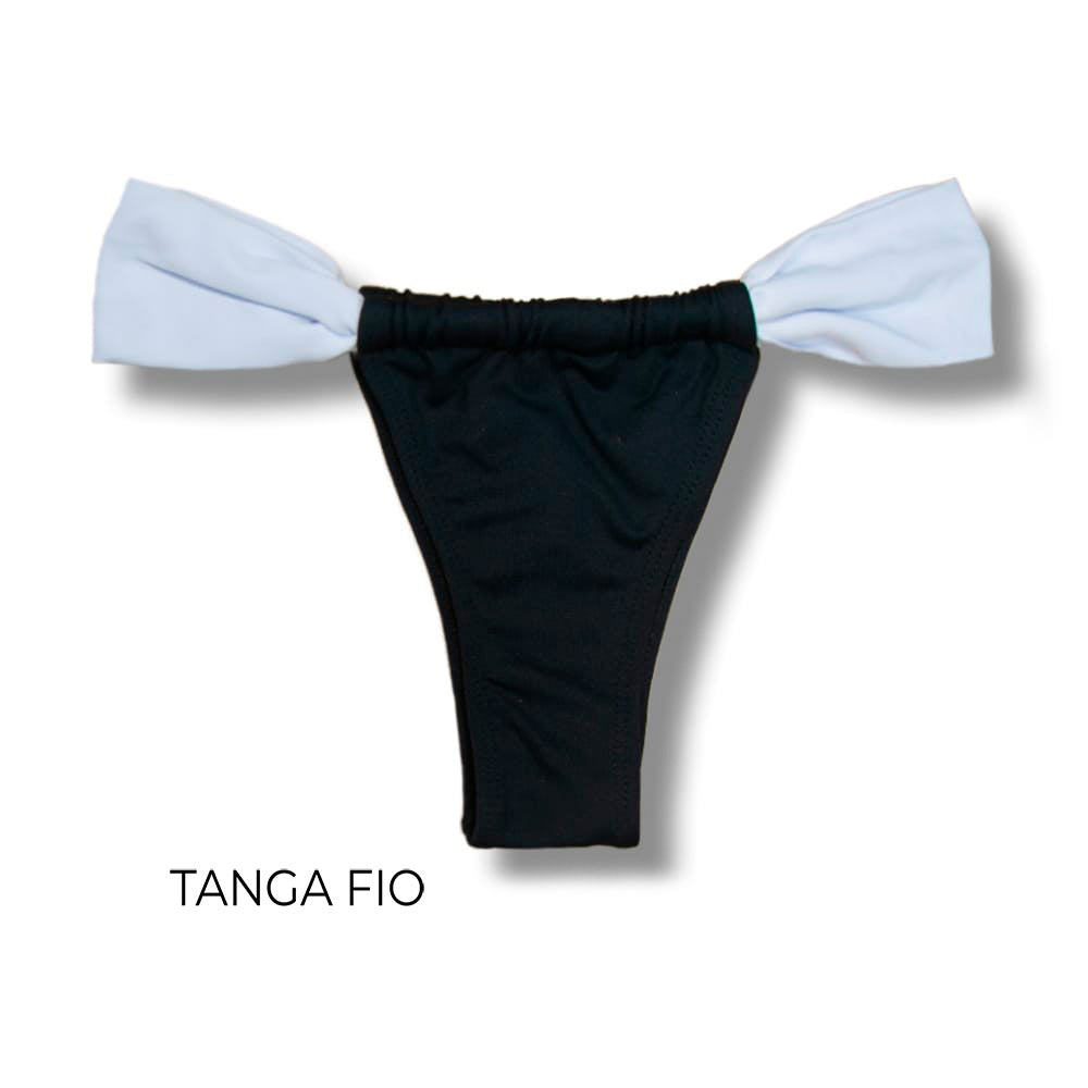 Tanga Gali Bicolor White and Black | Biquíni Fio Dental | Cortininha Regulável | Preto com Detalhe Branco