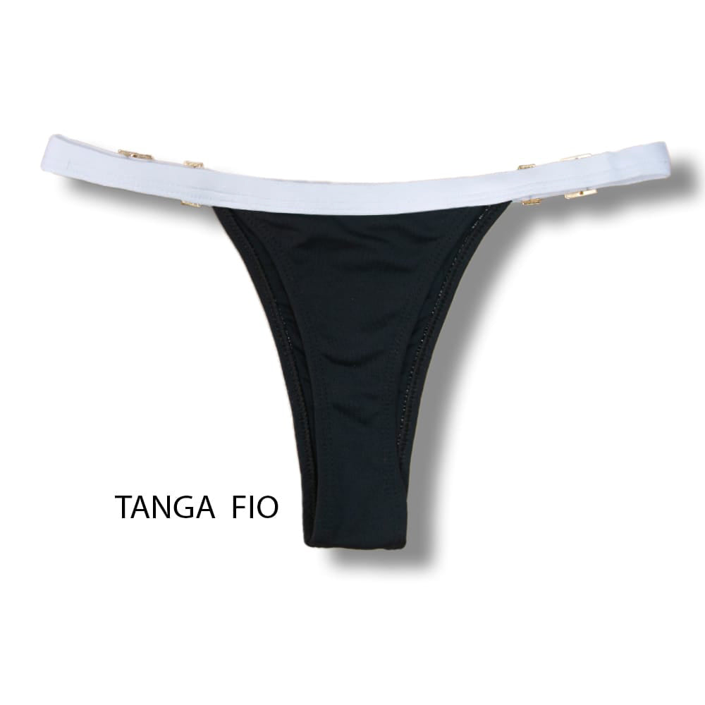Tanga Fany Bicolor White and Black | Biquíni Liso Preto | Marquinha de Fita | Regulável | Detalhe Branco