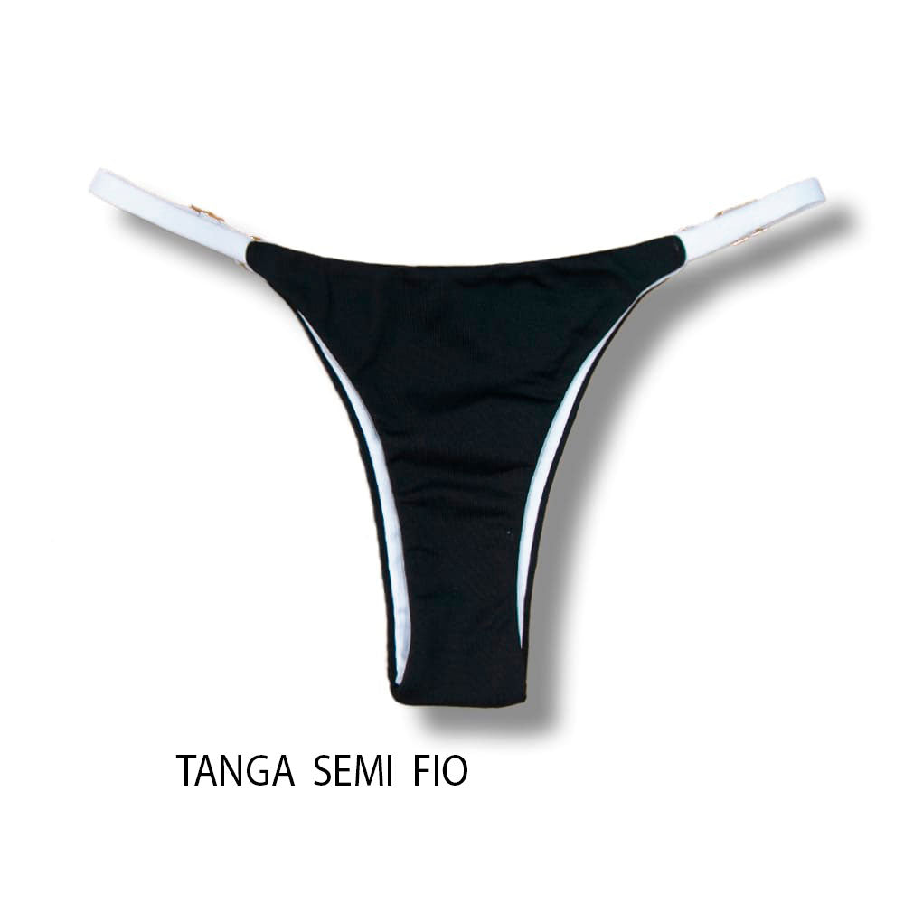 Tanga Mia Bicolor White and Black | Biquíni Cor Lisa Preto | Semi Fio | Tira Fina Regulável | Marquinha de Fita | Detalhe Branco