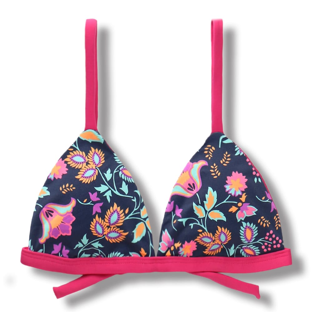 Top Jade Bosque | Detalhes na cor Pink | Cortininha Triângulo Fixo | Estilo Sutiã com Amarração nas Costas | Alças com Regulagem