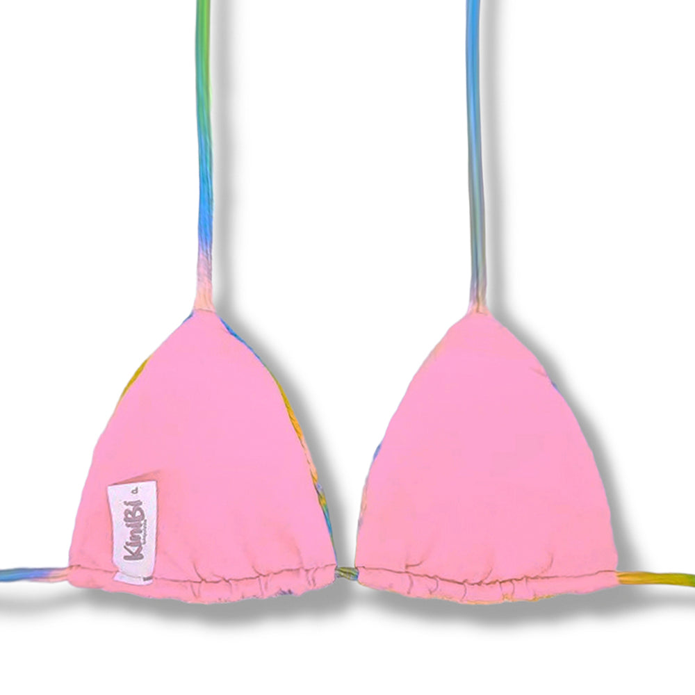 Top Lua Prisma | Cortininha com Bojo | Dupla Face Rosa Iogurte | Reversível | Amarração nas Costas e Pescoço | Biquíni Estampado | Tecido Texturizado Semibrilho