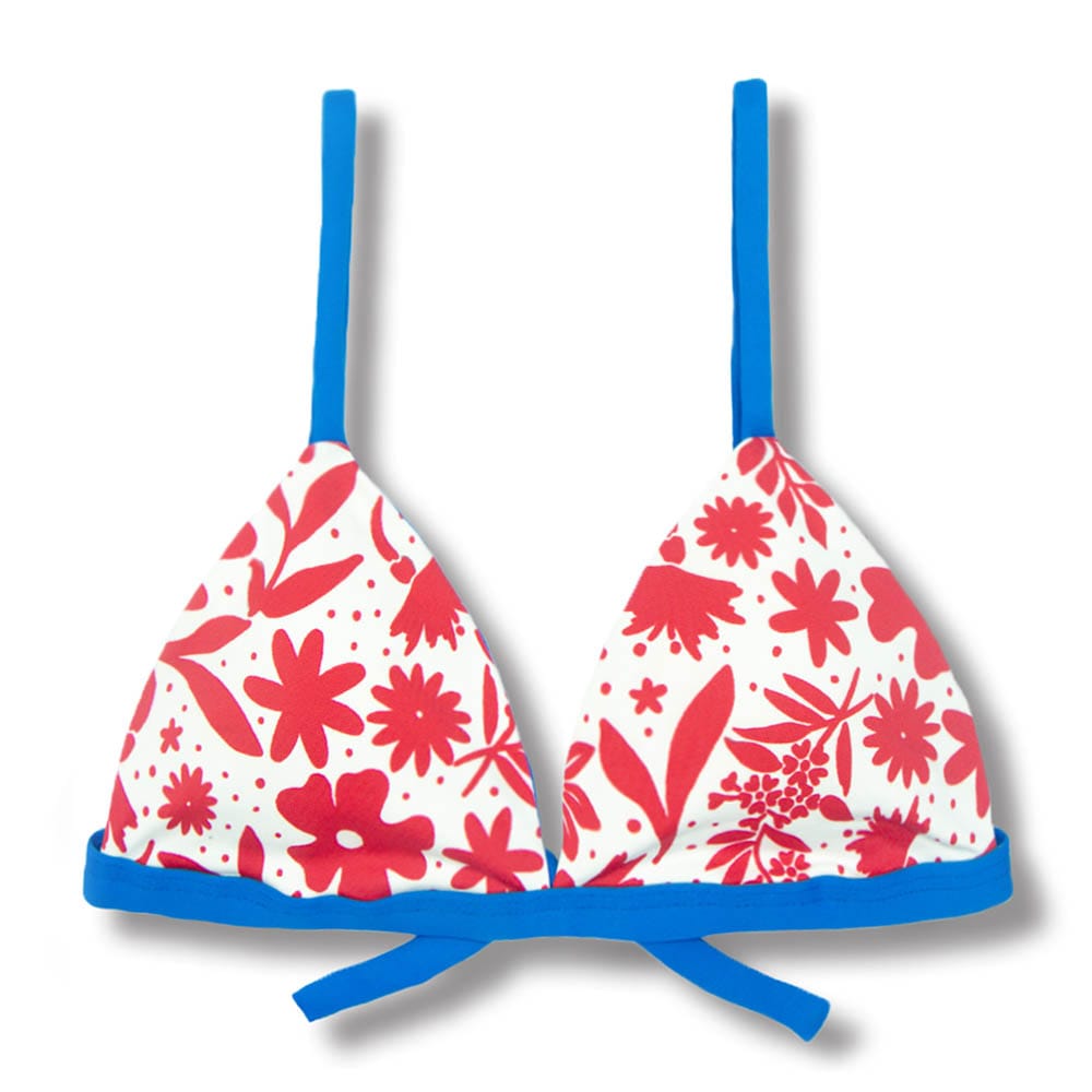 Top Jade Scarlet | Cortininha Triângulo Fixo | Estilo Sutiã com Amarração nas Costas | Alças com Regulagem | Biquíni Estampado | Detalhes Azul