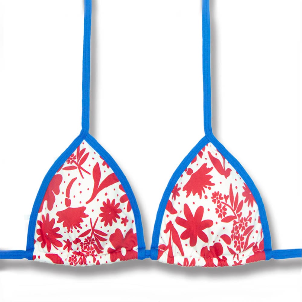 Top Mara Scarlet | Cortininha com Viés | Amarração nas Costas e Pescoço | Biquíni Estampado | Detalhes Azul