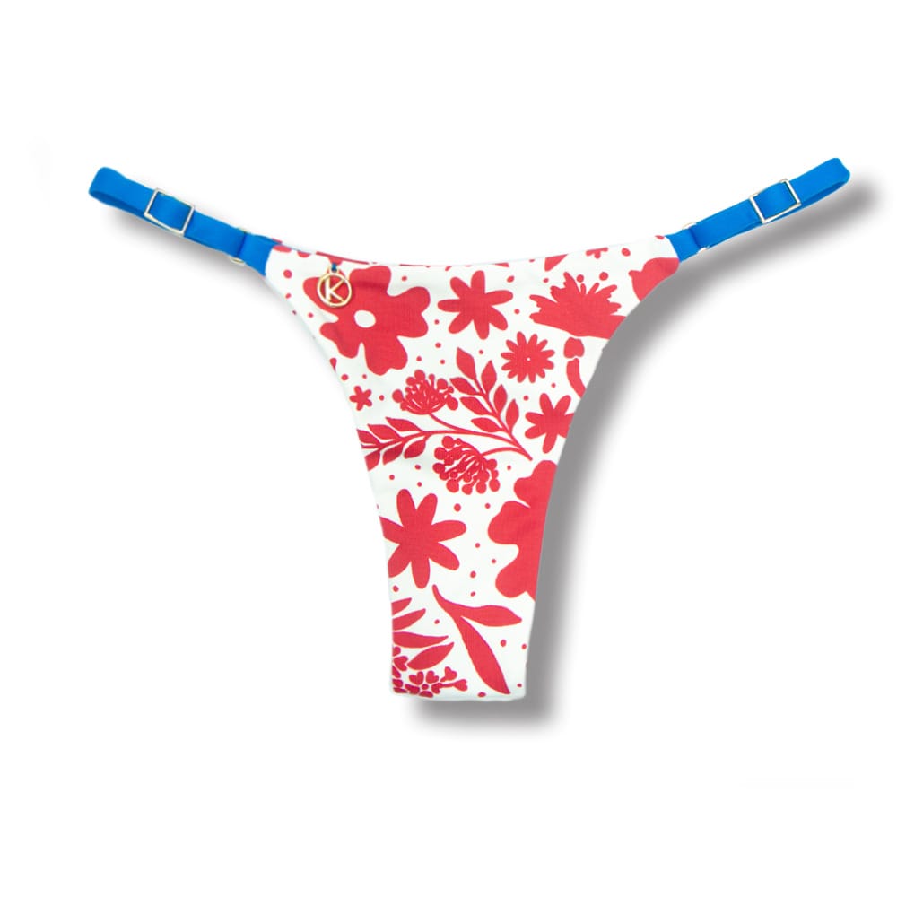Tanga Mia Scarlet | Biquíni Estampado | Semi Fio | Tira Fina Regulável | Marquinha de Fita | Detalhe Azul