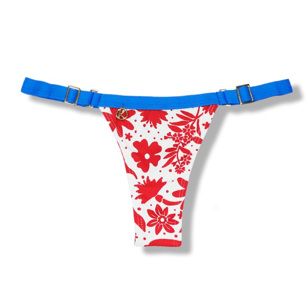 Tanga Fany Scarlet | Biqu¡ni Estampado Semi Fio Marquinha de Fita | Regul vel | Detalhe Azul