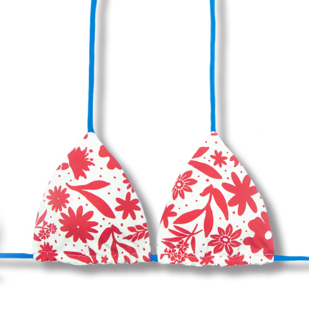 Top Lua Scarlet | Cortininha com Bojo | Dupla Face Azul | Reversível | Amarração nas Costas e Pescoço | Biquíni Estampado