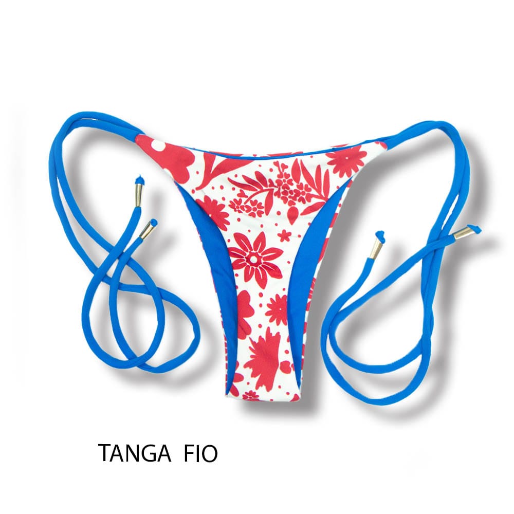 Tanga Cora Scarlet | Biquíni Estampado Fio Dental com Laço para Amarrar | Dupla Face Azul | Reversível