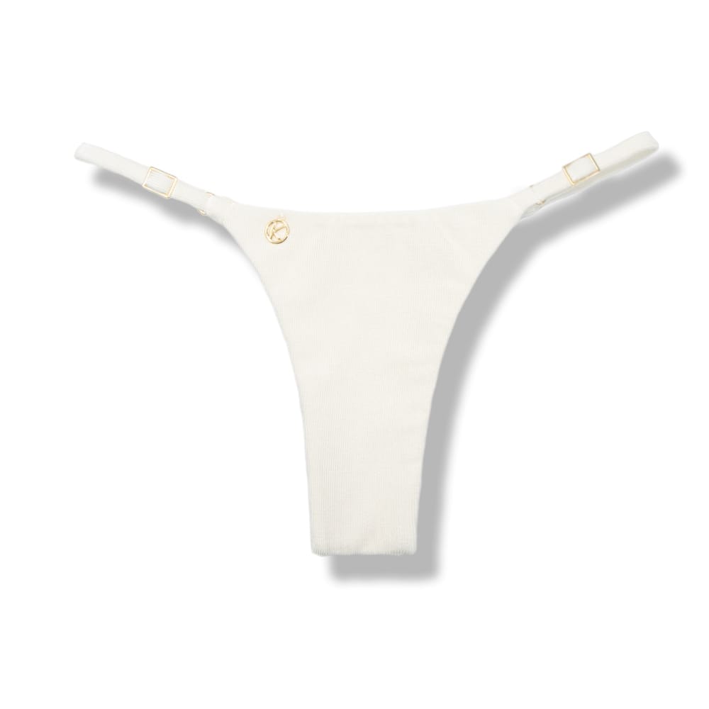 Tanga Mia Pérola | Biquíni Cor Off-White Semi Fio | Tira Fina Regulável | Marquinha de Fita | Tecido Texturizado Semibrilho