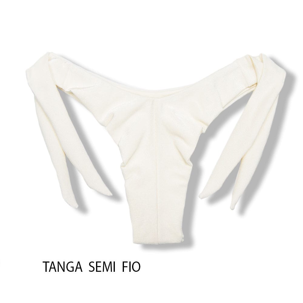 Tanga Mora Pérola | Off-White | Biquíni Fio Duplo | Empina Bumbum | Amarração Lateral Larga | Tecido Texturizado Semibrilho