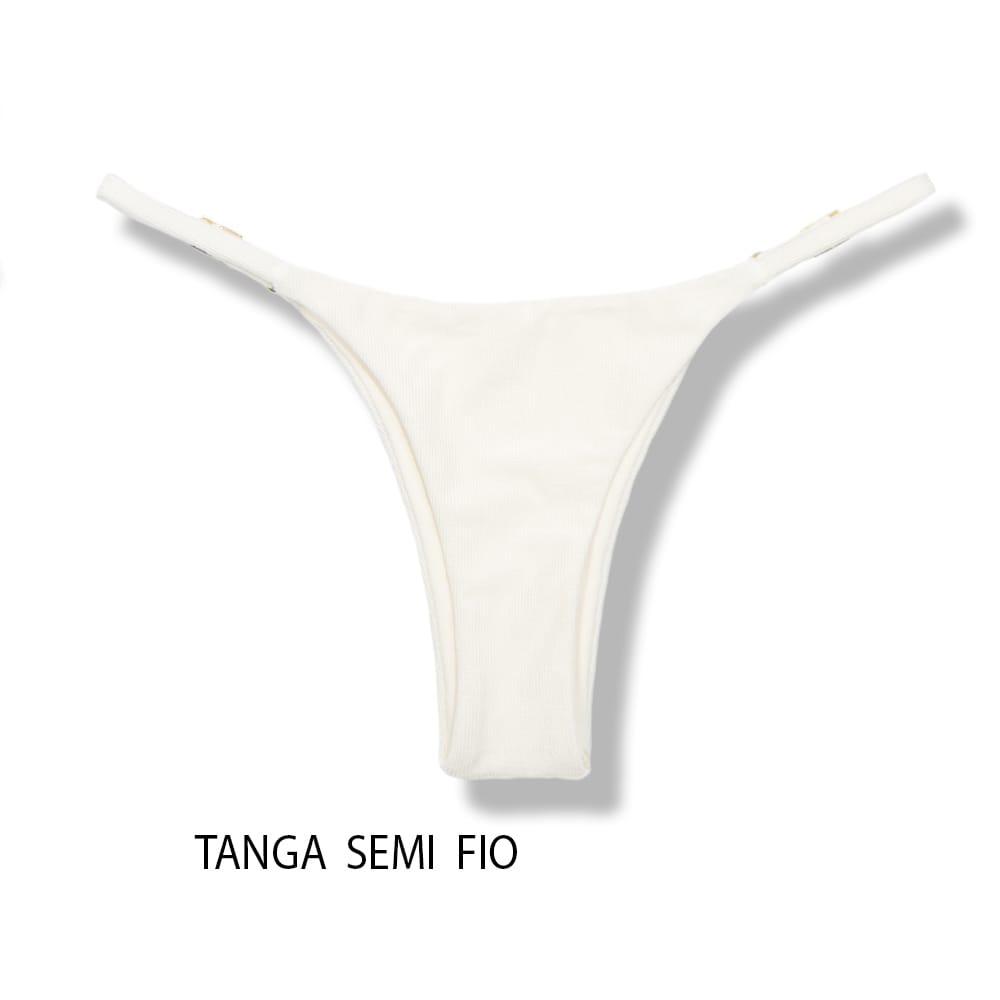 Tanga Mia Pérola | Biquíni Cor Off-White Semi Fio | Tira Fina Regulável | Marquinha de Fita | Tecido Texturizado Semibrilho