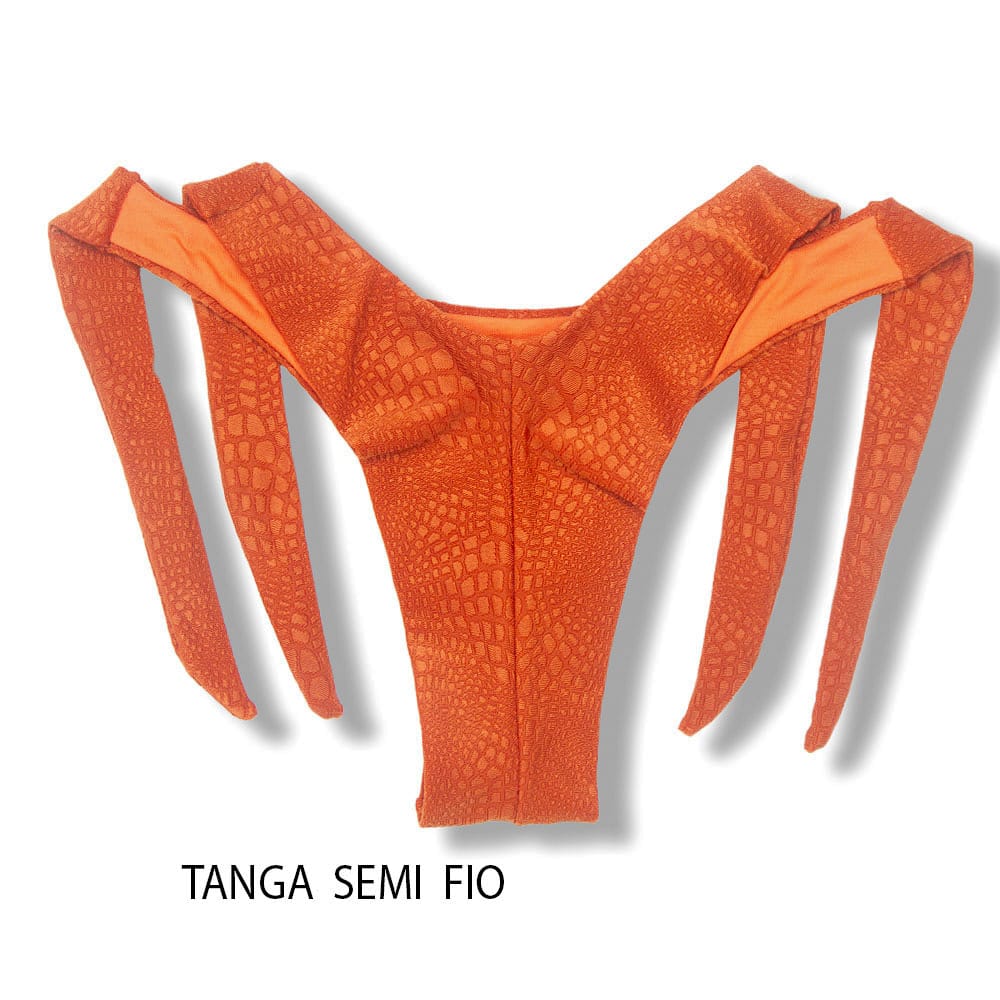 Tanga Mora Crocô Sunset | Biquíni Laranja Fio Duplo | Empina Bumbum | Amarração Lateral Larga | Tecido Texturizado Semibrilho