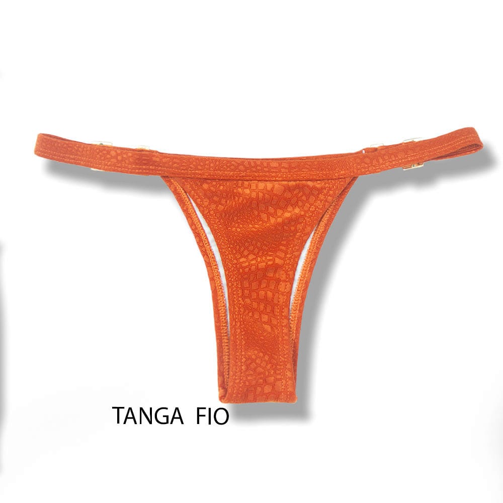 Tanga Fany Crocô Sunset | Biquíni Laranja Semi Fio Marquinha de Fita | Regulável | Tecido Texturizado Semibrilho