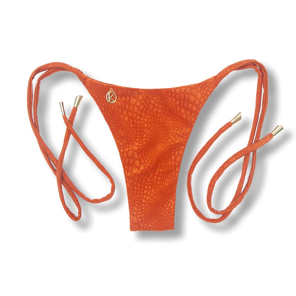 Tanga Cora Crocô Sunset | Biquíni Fio Dental com Laço Lateral | Dupla Face Laranja | Tecido Texturizado Semibrilho