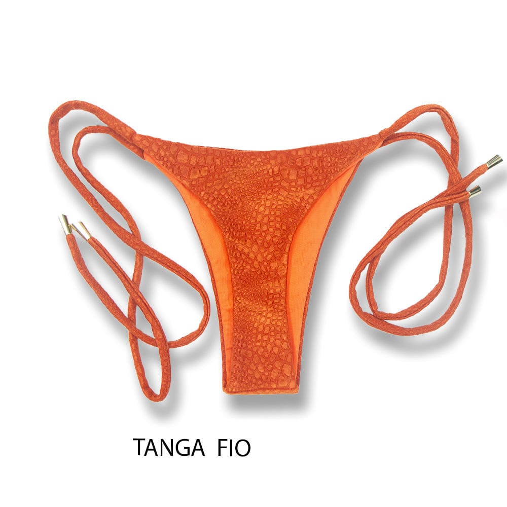Tanga Cora Crocô Sunset | Biquíni Fio Dental com Laço Lateral | Dupla Face Laranja | Tecido Texturizado Semibrilho