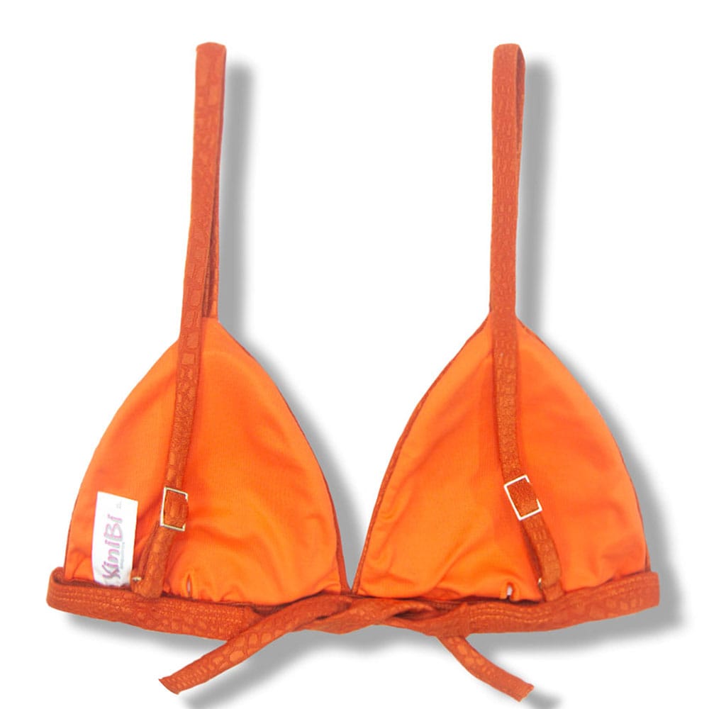 Top Jade Crocô Sunset | Cortininha Triângulo Fixo | Estilo Sutiã com Amarração nas Costas | Alças com Regulagem | Biquíni Laranja | Tecido Texturizado Semibrilho
