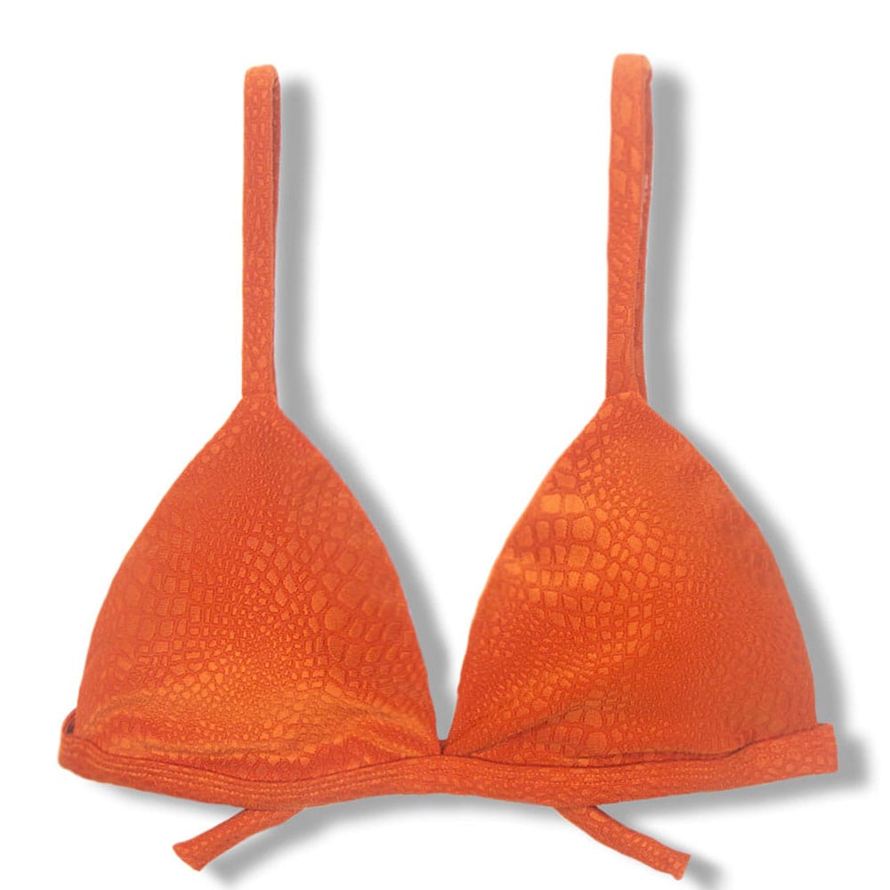 Top Jade Crocô Sunset | Cortininha Triângulo Fixo | Estilo Sutiã com Amarração nas Costas | Alças com Regulagem | Biquíni Laranja | Tecido Texturizado Semibrilho