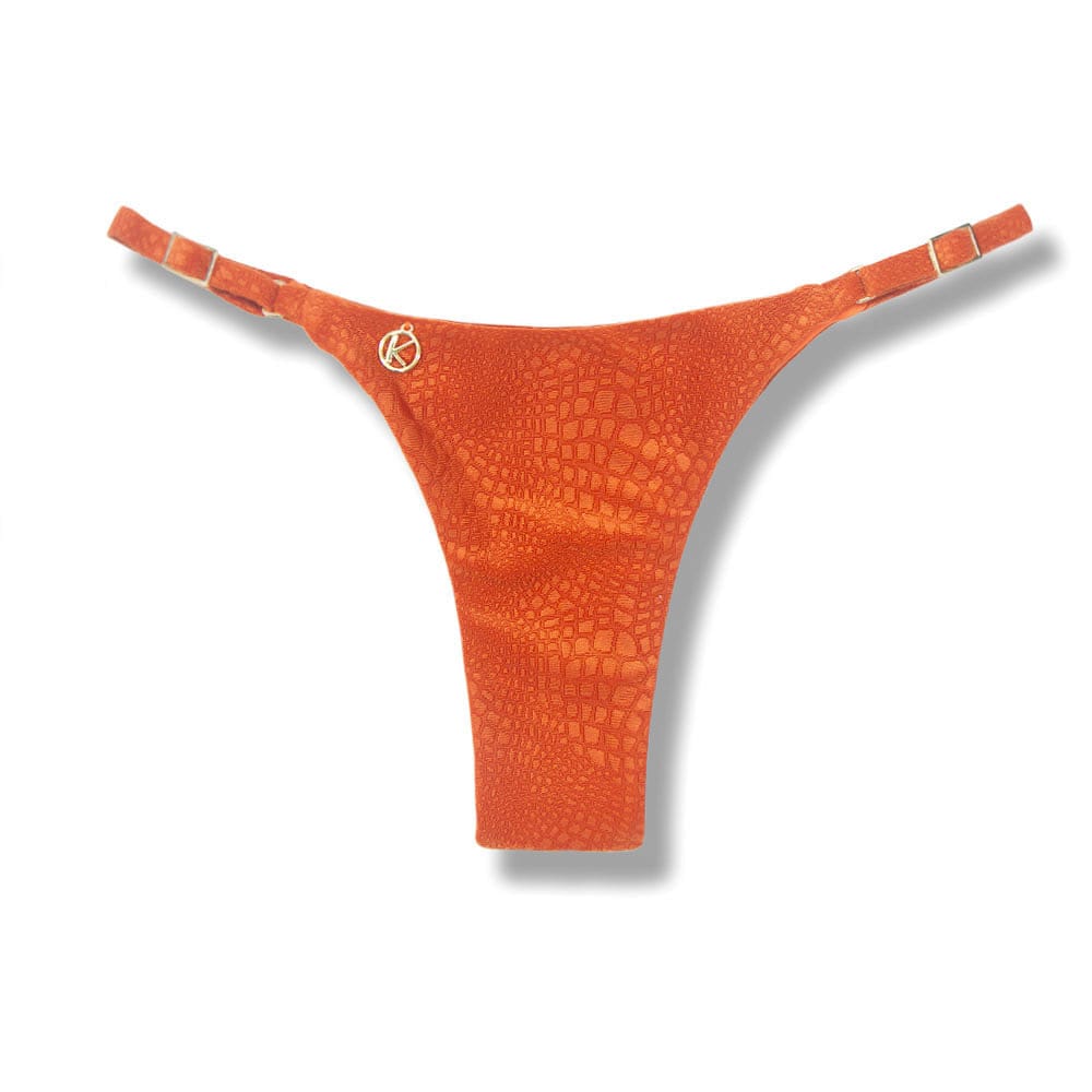 Tanga Mia Crocô Sunset | Biquíni Laranja Semi Fio | Tira Fina Regulável | Marquinha de Fita | Tecido Texturizado Semibrilho