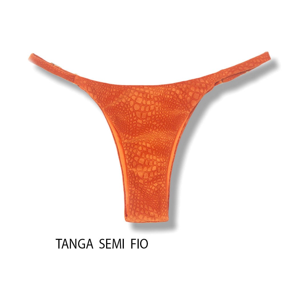 Tanga Mia Crocô Sunset | Biquíni Laranja Semi Fio | Tira Fina Regulável | Marquinha de Fita | Tecido Texturizado Semibrilho