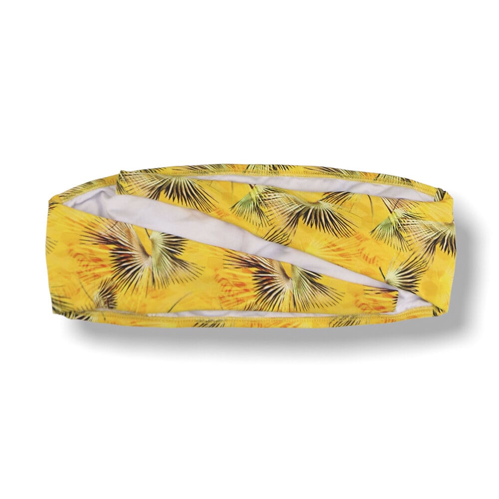 Conjunto de Biquini Estampado Amarelo Tropical | Top Faixa + Tanga Mora |Tanga com amarração larga lateral | top faixa tomara que caia