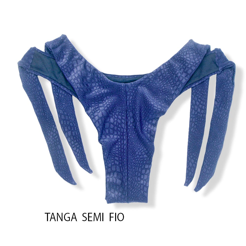 Tanga Mora Crocô Marine | Biquíni Azul Fio Duplo | Empina Bumbum | Amarração Lateral Larga | Tecido Texturizado Semibrilho