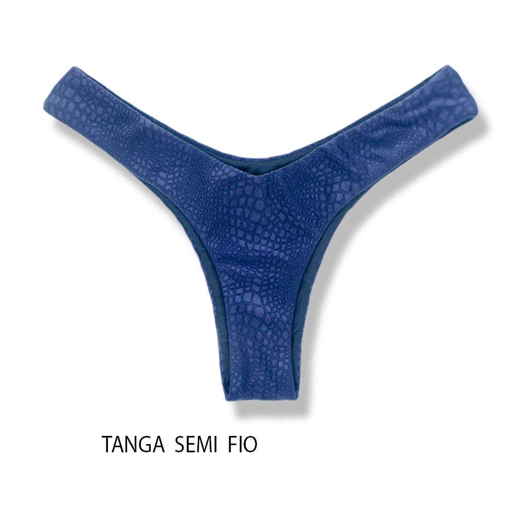 Tanga Eva Crocô Marine | Biquíni Semi Fio Asa Delta | Aviador | Dupla Face Azul | Reversível | Tecido Texturizado Semibrilho