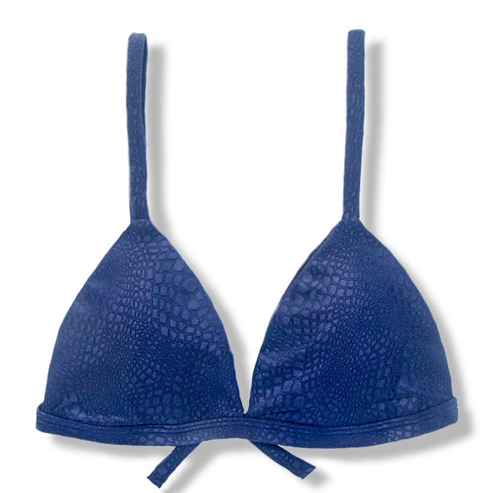 Top Jade Crocô Marine | Cortininha Triângulo Fixo | Estilo Sutiã com Amarração nas Costas | Alças com Regulagem | Biquíni Azul | Tecido Texturizado Semibrilho