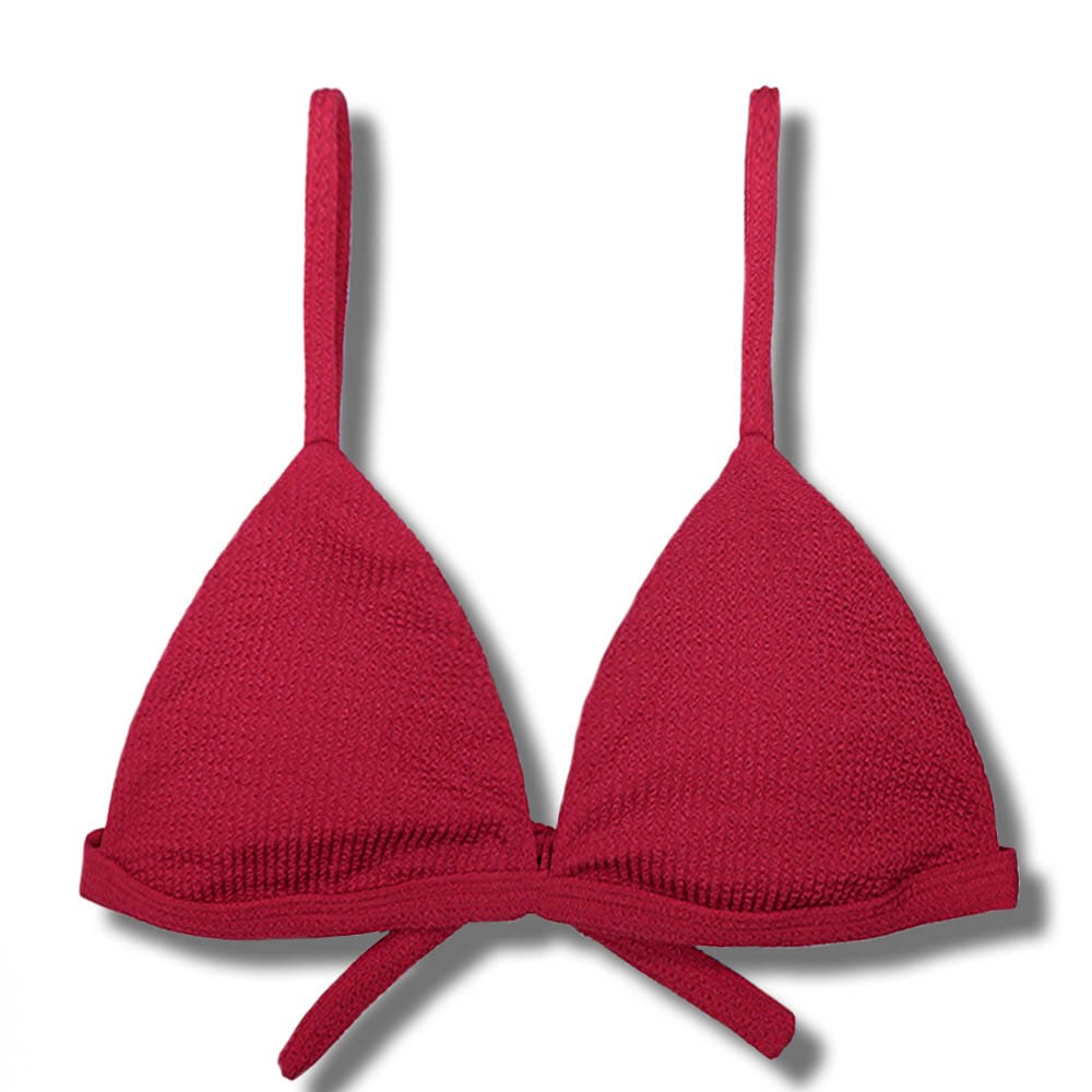 Top Jade Zínia | Cortininha Triângulo Fixo | Estilo Sutiã com Amarração nas Costas | Alças com Regulagem | Biquíni Cor Liso Vermelho | Tecido Texturizado Plissê