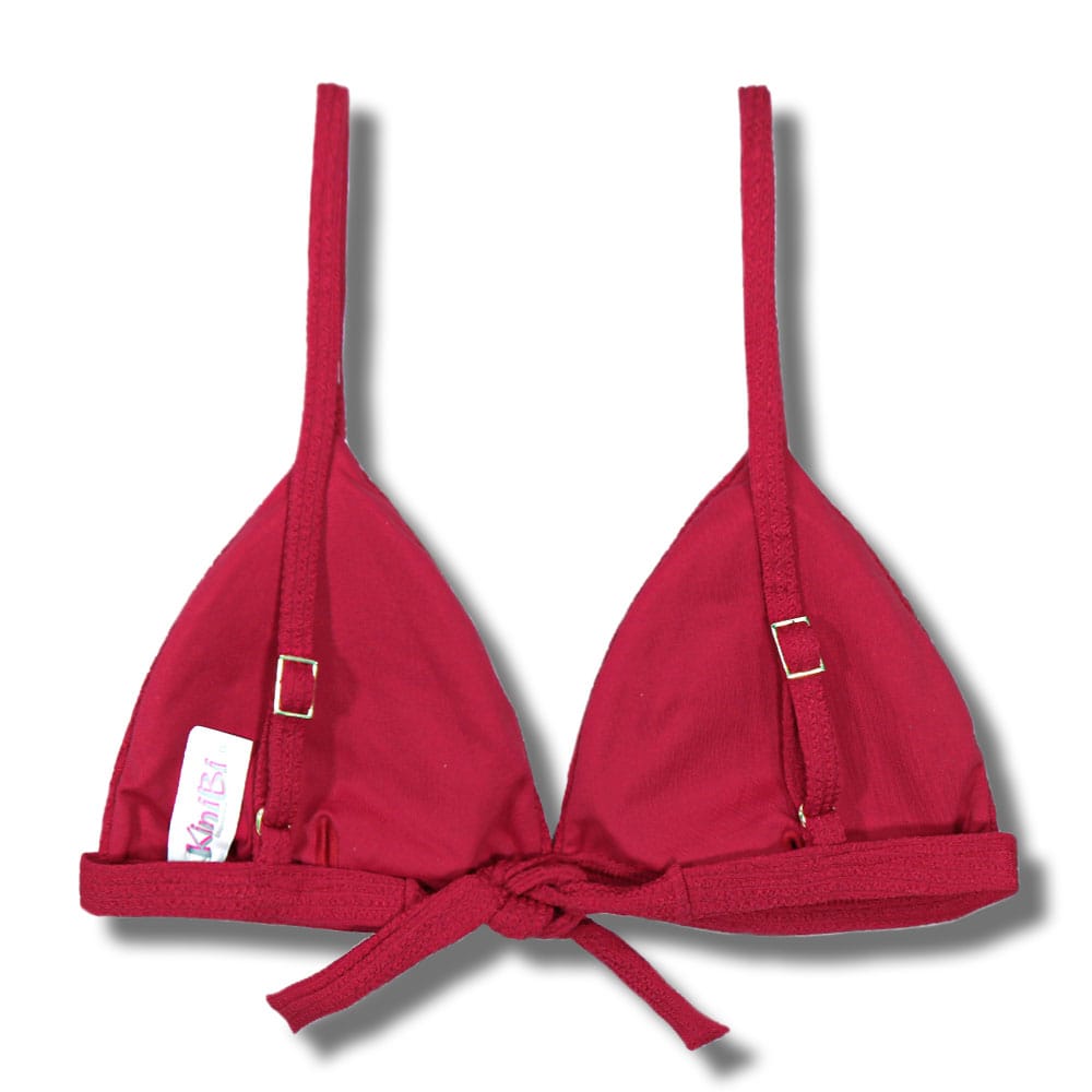 Top Jade Zínia | Cortininha Triângulo Fixo | Estilo Sutiã com Amarração nas Costas | Alças com Regulagem | Biquíni Cor Liso Vermelho | Tecido Texturizado Plissê