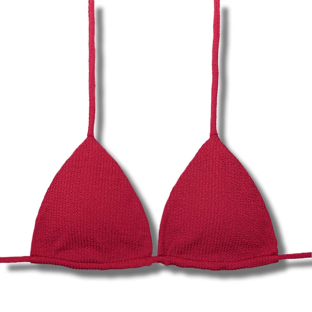 Top Lua Zínia | Cortininha com Bojo | Dupla Face Liso Vermelho Carmim | Reversível | Amarração nas Costas e Pescoço | Biquíni cor Lisa | Tecido Texturizado Plissê