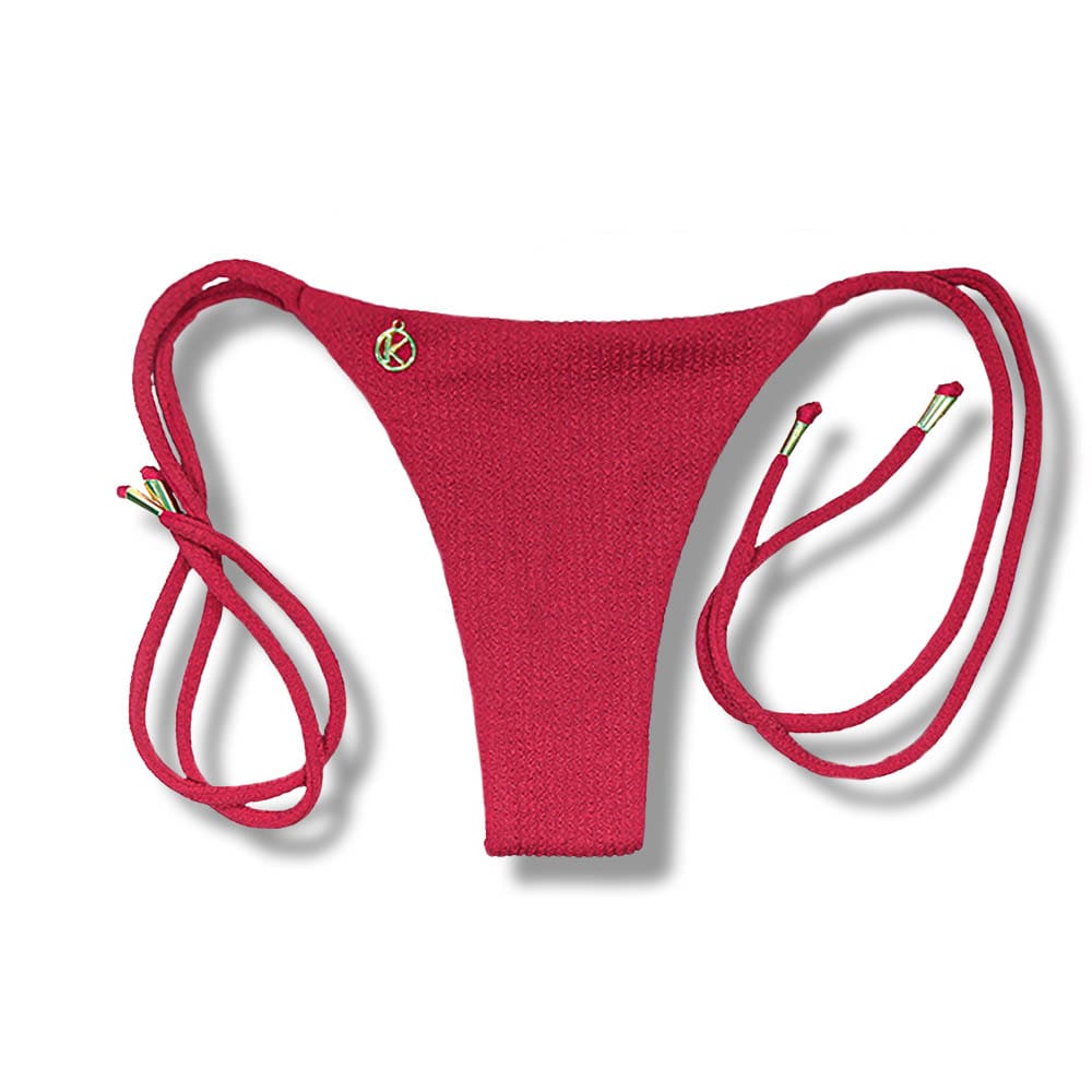 Tanga Cora Zínia | Biquíni Fio Dental com Laço Lateral | Dupla Face Liso Vermelho Carmim | Tecido Texturizado Plissê