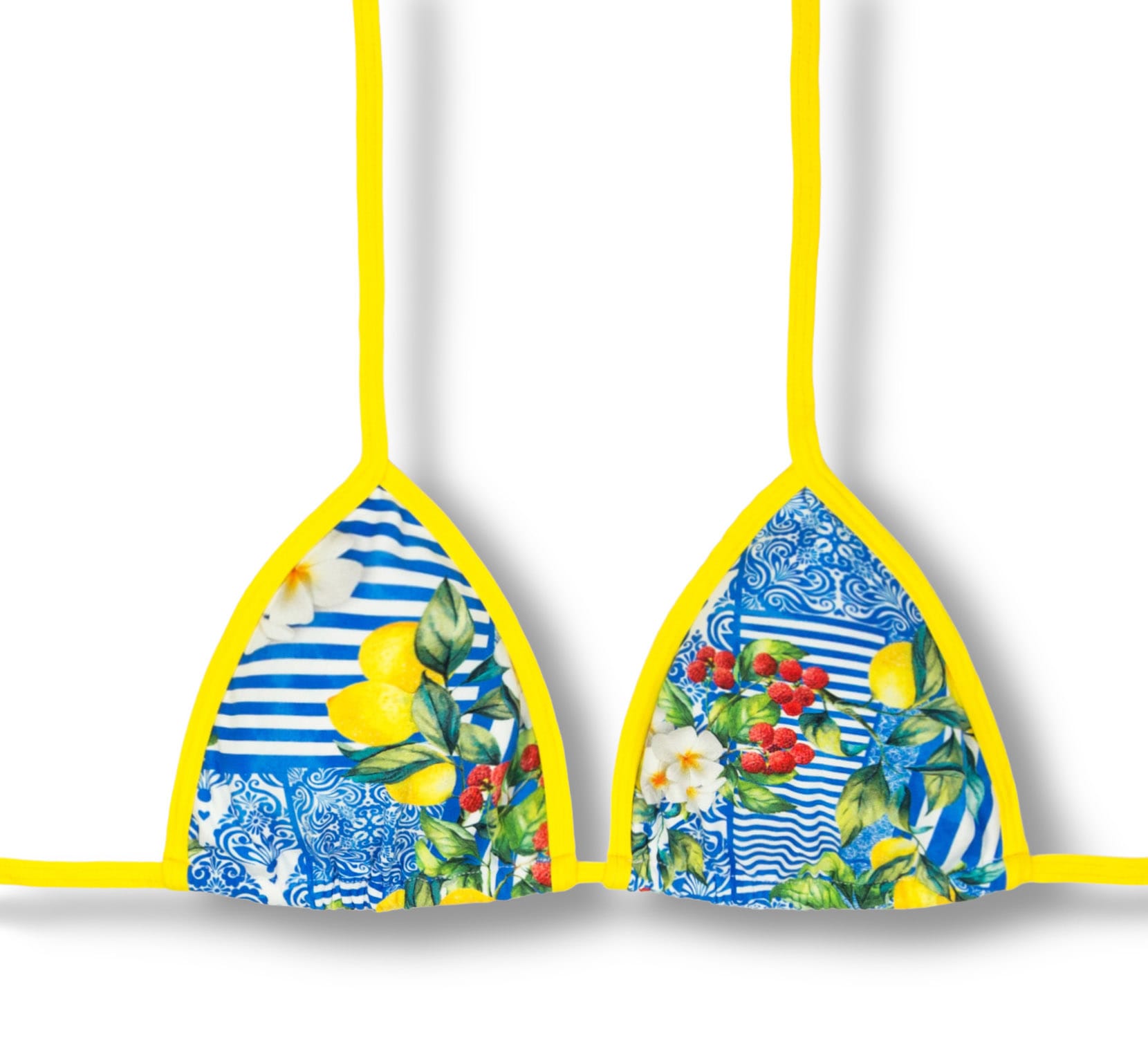 Top Mara Floral e Frutas | Cortininha com Viés Tradicional | Abertura para Bojo | Biquíni Estampa | Detalhes Amarelo