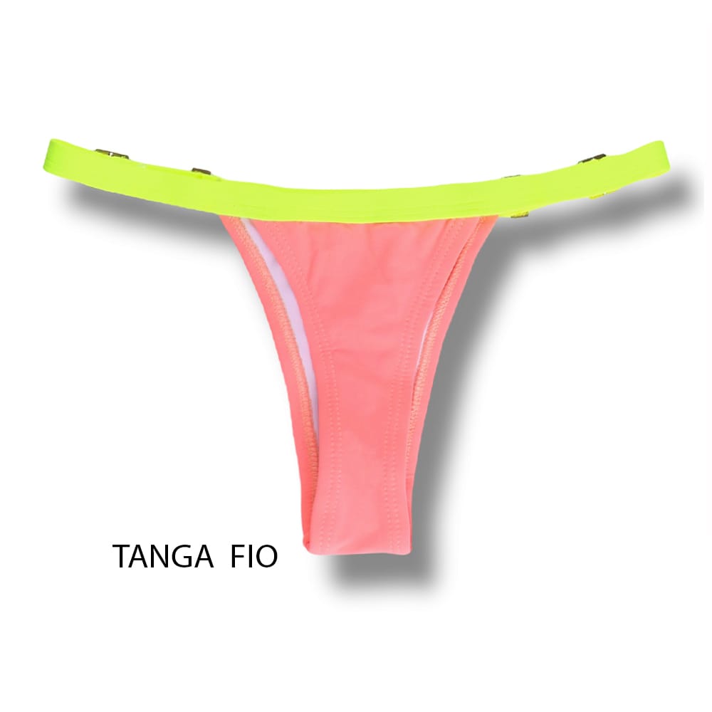 Conjunto de Biquini Lollipop | Top Mara + Tanga Fany | Tanga Marquinha de Fita com regulador | Top Cortininha com Abertura para Bojo | Combinação Pêssego Laranja e Amarelo Neon
