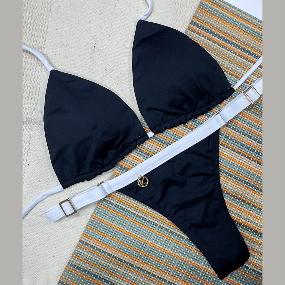 Conjunto de biquíni White and Black | Top Lua + Tanga Fany | Top dupla face com bojo embutido | Tanga semi fio com regulador na lateral | Bicolor Preto e Branco