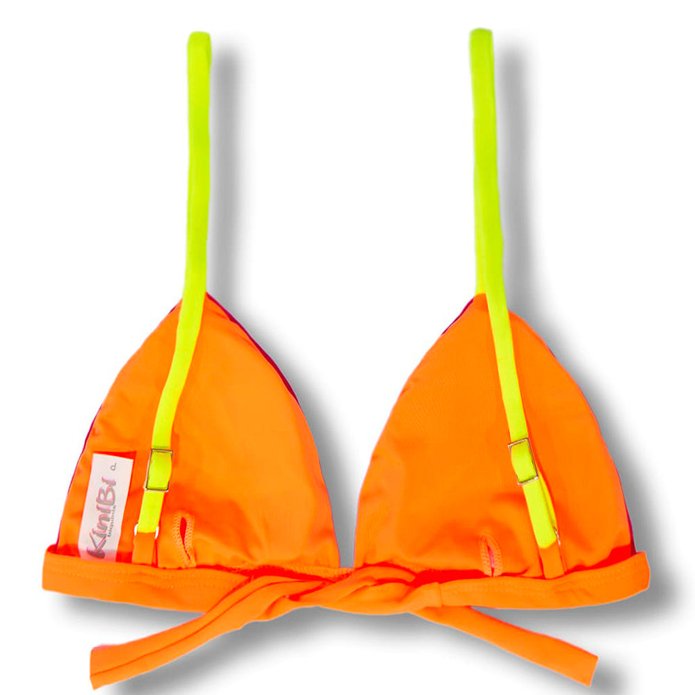 Conjunto de Biquíni Tricolor Pink Twist | Top Jade + Tanga Cora | Top Fixo com Abertura para Bojo | Tanga Dupla Face com Laço Fio Dental | Pink, Amarelo e Laranja Neon