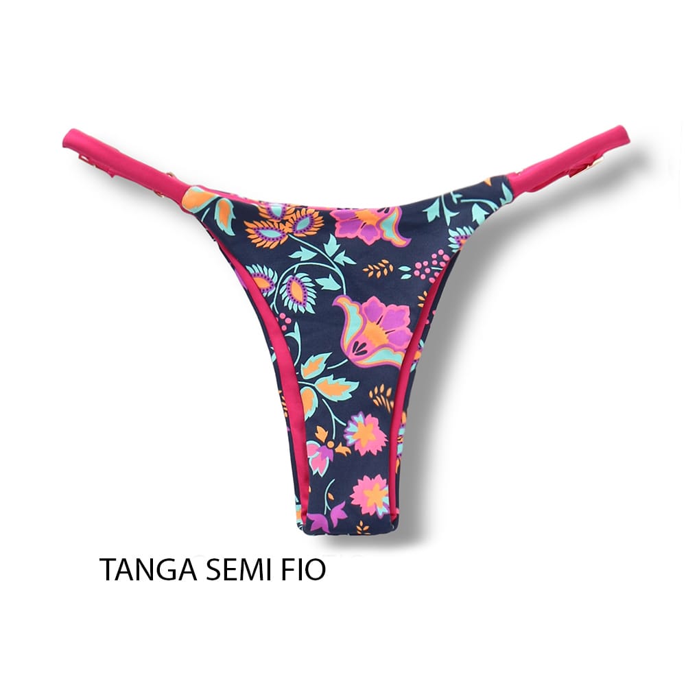 Tanga Mia Bosque | Biquíni Estampado | Semi Fio | Tira Fina Regulável | Marquinha de Fita | Detalhe Pink
