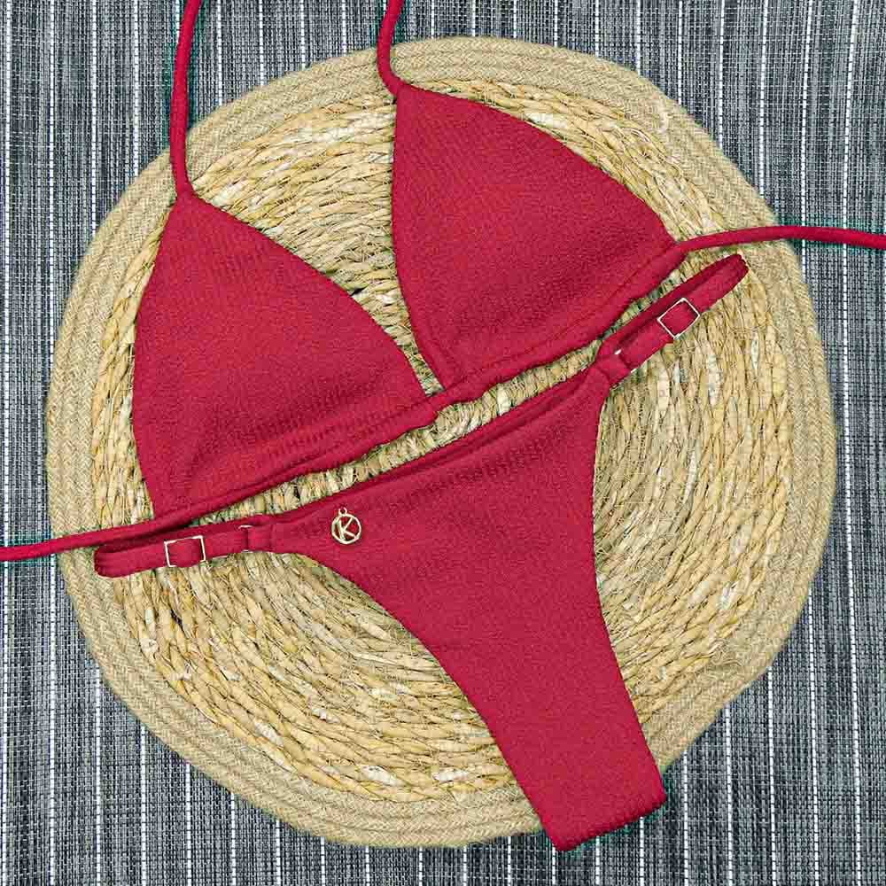 Conjunto de biquíni Zínia | Top Lua + Tanga Mia | Top cortininha com bojo embutido reversível | Tanga semi fio marquinha de fita com regulador na lateral | Tecido texturizado semibrilho