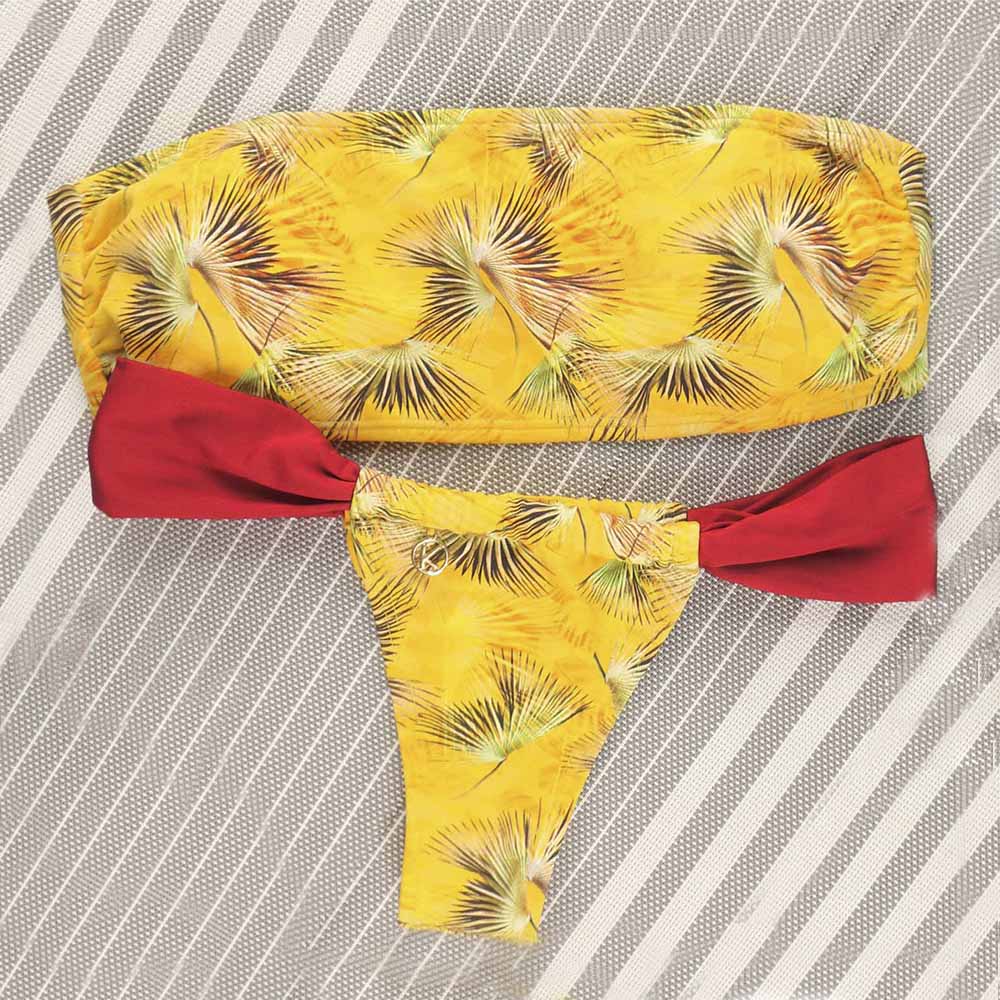 Conjunto de Biquini Amarelo Tropical combinação Vermelho Carmim | Top Faixa + Tanga Gali