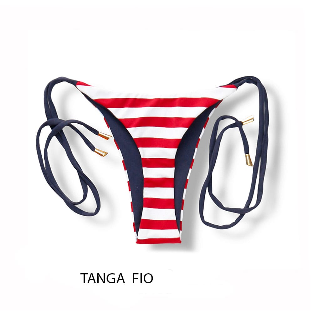Tanga Cora Navy Vermelho | Biquini Estampado | Tanga Fio Dental | Tira de Laço Fino | Dupla Face Azul Marinho | Reversível